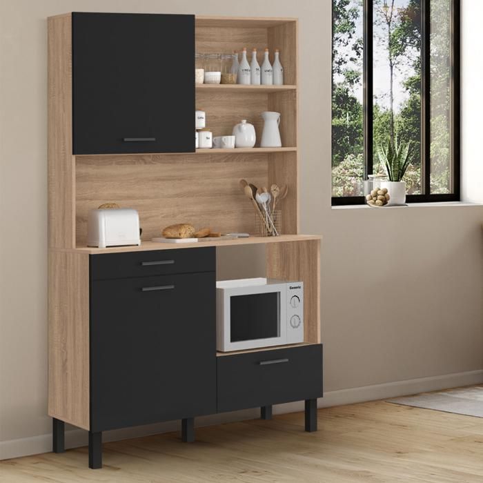 IDMARKET Buffet de cuisine 120 CM CINA 3 portes + 1 tiroir façon hêtre et noir