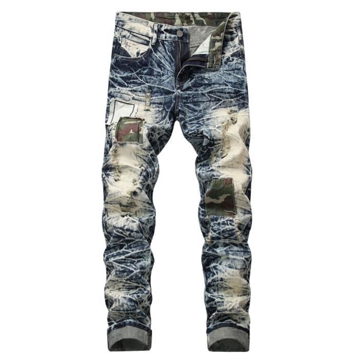 Jeans homme de marque luxe Jeans a bride de slim droit Personnalite slim Jeans Trou Pantalon Vetement Masculin Bleu acier Bleu blanc Cdiscount Pret a Porter