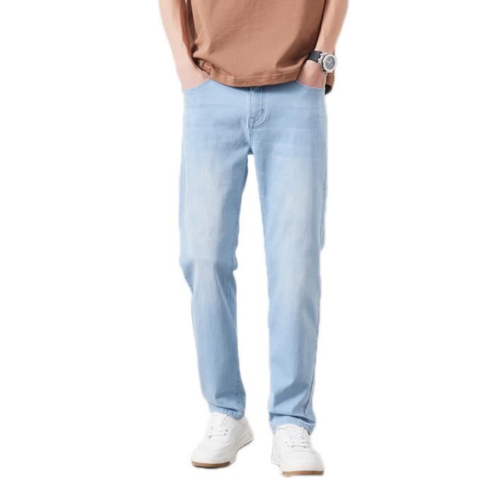 Jean Homme Casual Coupe Droite Délavé Effet Blanchi Taille Elastique