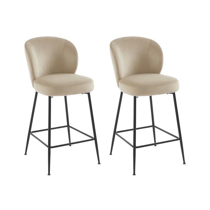 Lot de 2 tabourets de bar en velours et métal noir - Beige - POLPONA