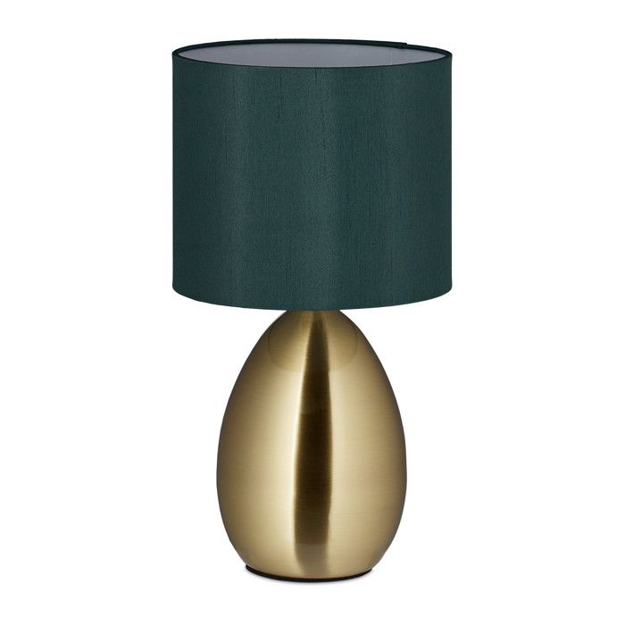 Relaxdays Lampe de chevet tactile moderne H x D : 34 x 18 cm E14 lumière avec abat-jour en tissu doré/vert foncé