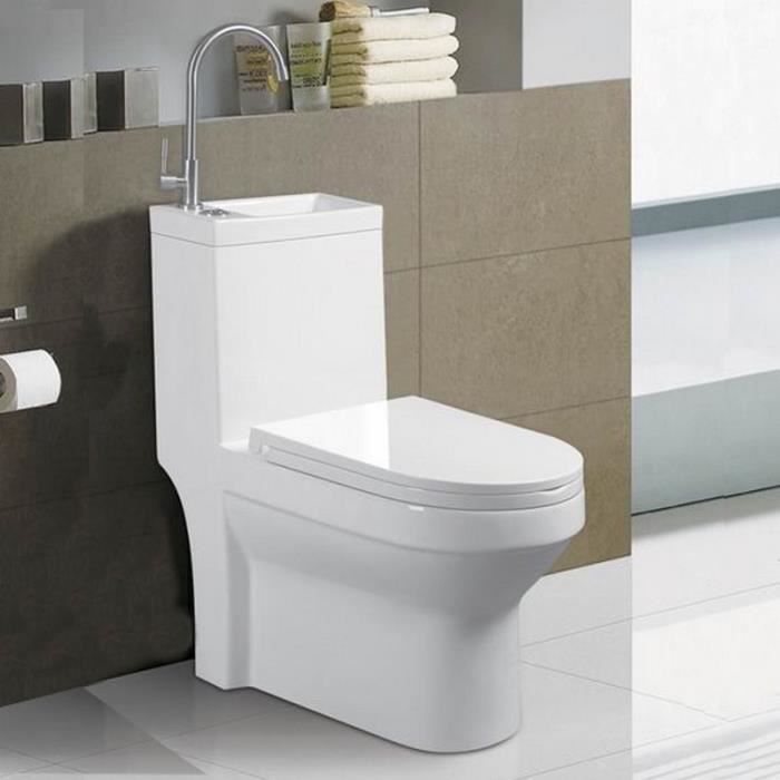WC à Poser Monobloc avec Lave main intégré - Céramique Blanc - 39x68 cm - Creativ