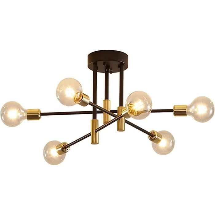 Lustre Plafonnier Industriel Spoutnik - 6 Bras Réglables à 180° - Noir Et Or - Ampoules E27 Max 40W - Pour Salon, Cuisine, Bureau - 2