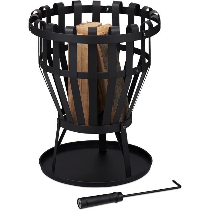 Chauffage De Terrasse Cheminée CHARLES BENTLEY - 129 Cm Noir, Brûle Bois/charbon - Design Moderne Avec Rangement Bûches