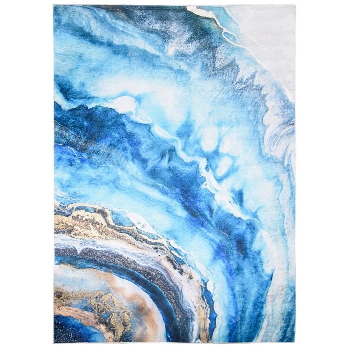 TAPISO Tapis Salon Poil Court TOSCANA Bleu Doré Blanc Abstrait Vagues Polyester Intérieur 120x170 cm