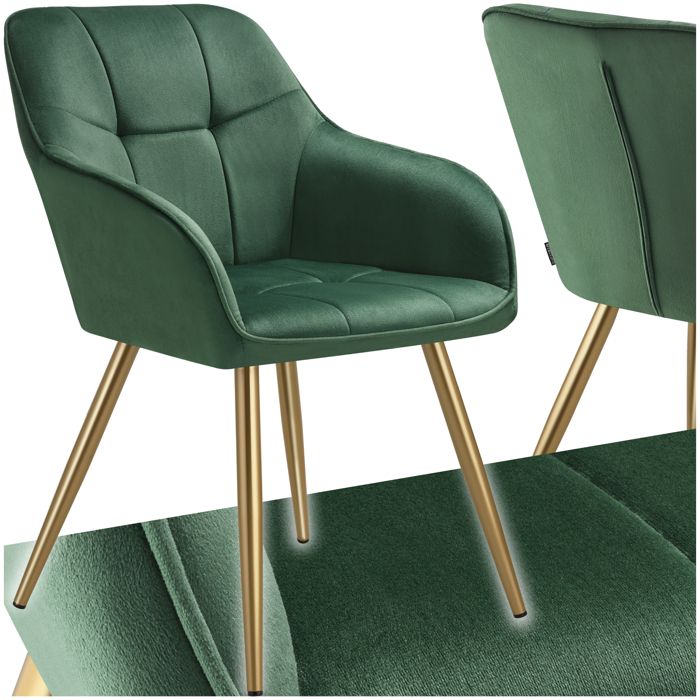 Chaise - TECTAKE - Fauteuil de salle à manger MARYLIN aspect velours avec pieds en acier doré - Vert Foncé/Or
