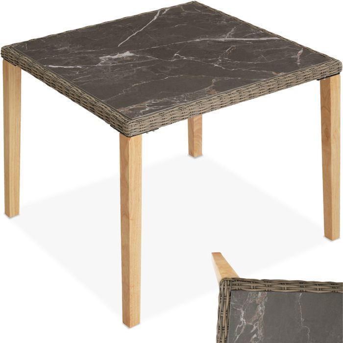 TECTAKE Table en rotin TARENT Plaque en grès cérame amovible 935 x 935 x 75 cm - Marron Naturel