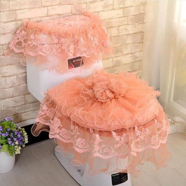 Set De 3 Pièces Housse De Toilette En Peluche Dentelle - Motif Floral - Neuf