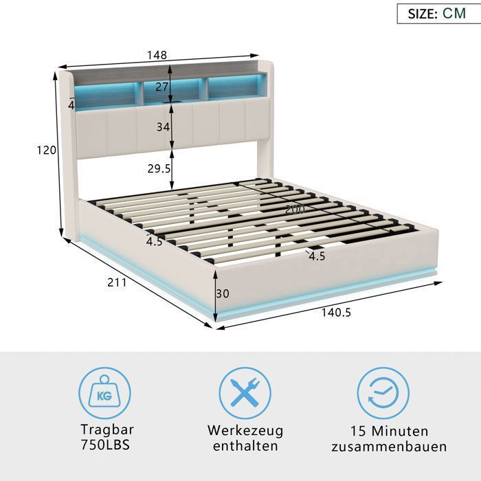 Lit coffre 140x200 cm avec sommier et coffre de rangement, lit adulte avec LED intégrée et USB