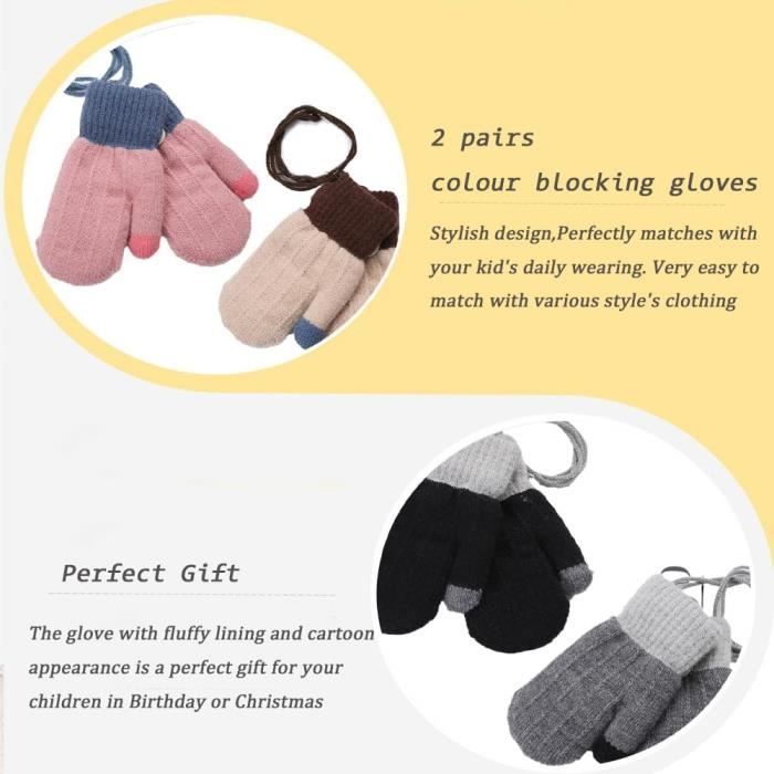 Gants bébé,2 Paire Moufle Enfant Tricoté Gants Epais avec Corde Epais  Plein-Doigts Hiver Motif Gants Moufles Toddler Enfants,0-3 Ans - Cdiscount  Sport