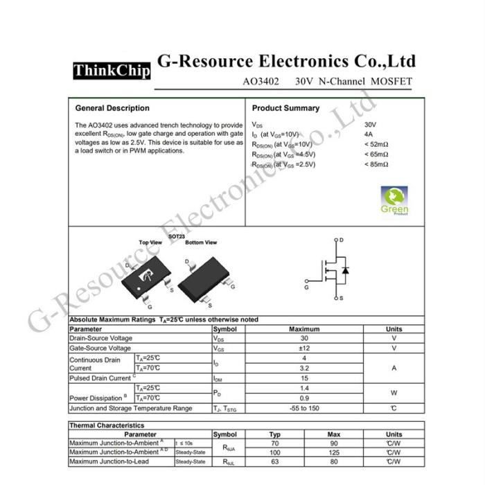 Transistor mosfet 30V 4A (Ta) 100 W (Ta) SMD, nouveau, original, AO3402 ...