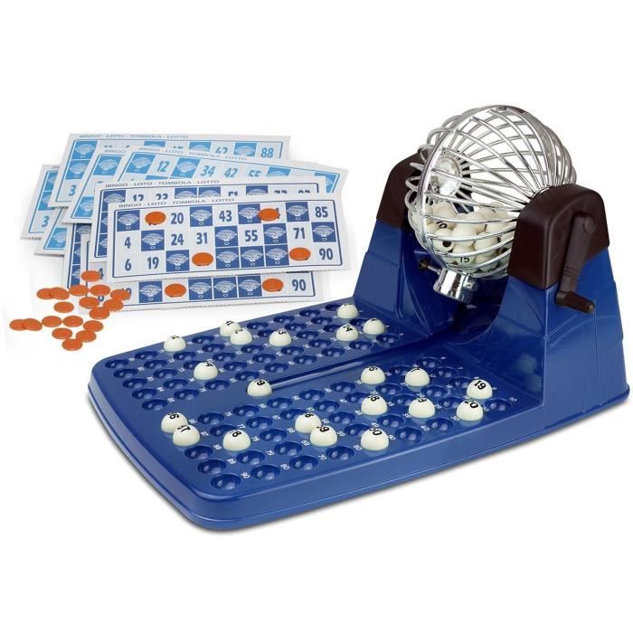 Jeu De Société Bingo Loto Bleu - Avec Distributeur De Boules, 90 Boules, 48 Cartes Et Jetons Carton Bingo 48 Cartes