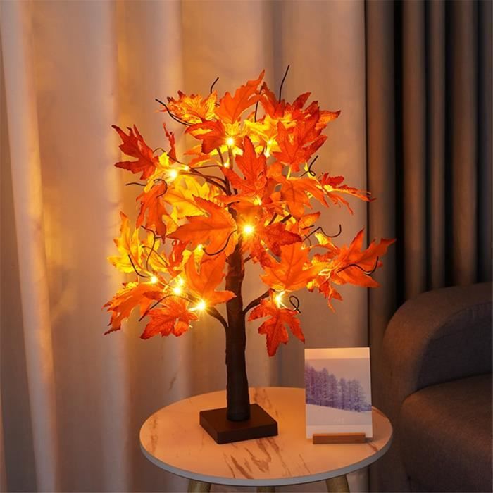 Arbre Lumineux D'automne Avec Feuilles D'érable Et Citrouilles - 24 LED - 61 Cm - Minuterie Automatique - Décoration Intérieure