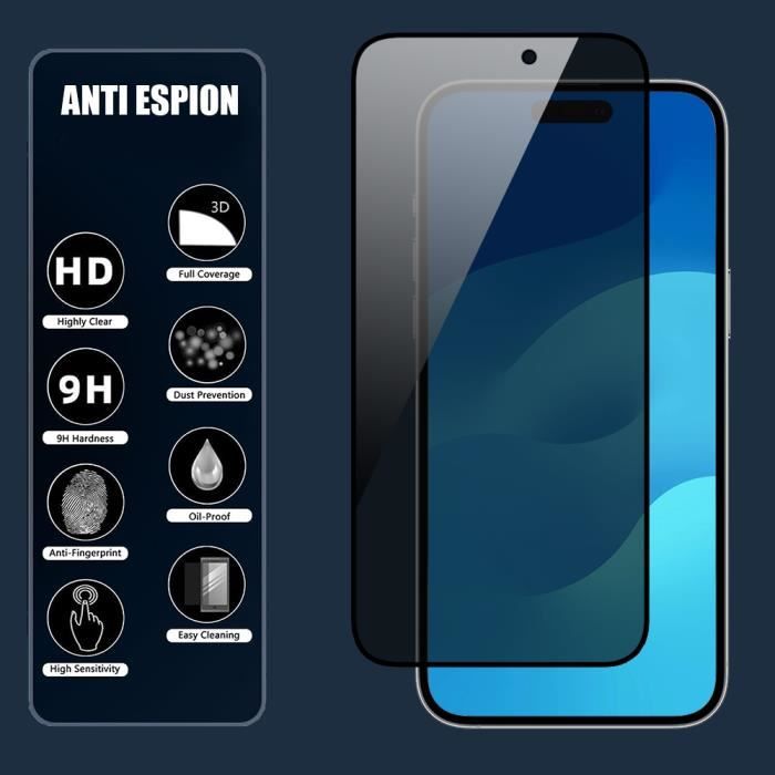 Verre Trempé Confidentialité Anti Espion iPhone 15 Pro Couleur Noir