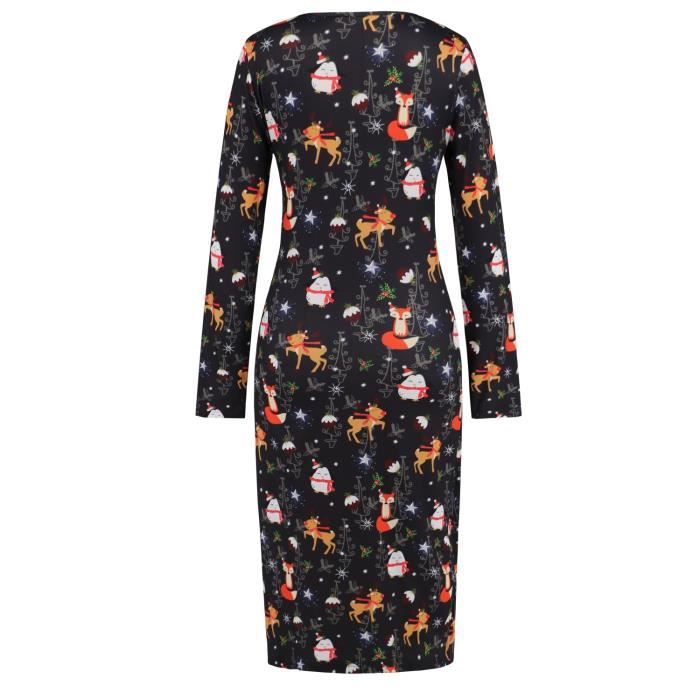 Robe De Noël Femme - Manches Longues, Col V - Imprimé Festif - Grande Taille Disponible - MOKBAY
