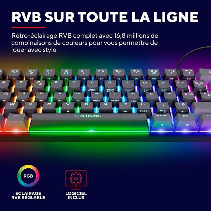 Trust Gaming Clavier De Jeu Semi-mécanique Avec Disposition Britannique GXT 881 ODYSS – Éclairage LED Multicolore, Anti-ghosting, 10 Touches D'accès Direct, PC/Ordinateur Portable