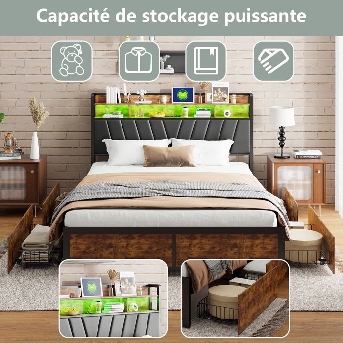 Lit Double Industriel 160x200 avce Éclairage LED, Lit 2 Personnes ...