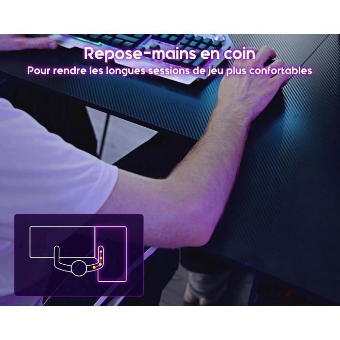 ODK Bureau Gaming Avec Lumières LED Et Prises Électriques - Bureau Gamer 120 Cm Fibre De Carbone Noir Avec Support Moniteur Bureau Gamer Angle L
