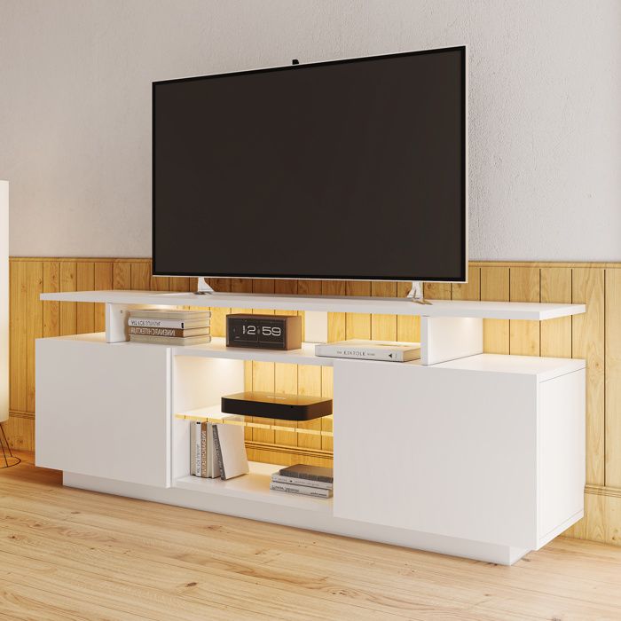 BTM Meuble TV Moderne, Banc TV Bois avec LED Ajustables, Meuble TV Noir avec 3 Compartiments, 2 Portes et 2 Tiroirs pour Salon, Amoire TV pour Charge de 70-79 Pouces, 160x35x60cm BTM Meuble TV Moderne, Banc TV Bois avec LED Ajustables, Meuble TV Noir avec 3 Compartiments, 2 Portes et 2 Tiroirs pour Salon, Amoire TV pour Charge de 70-79 Pouces, 160x35x60cm