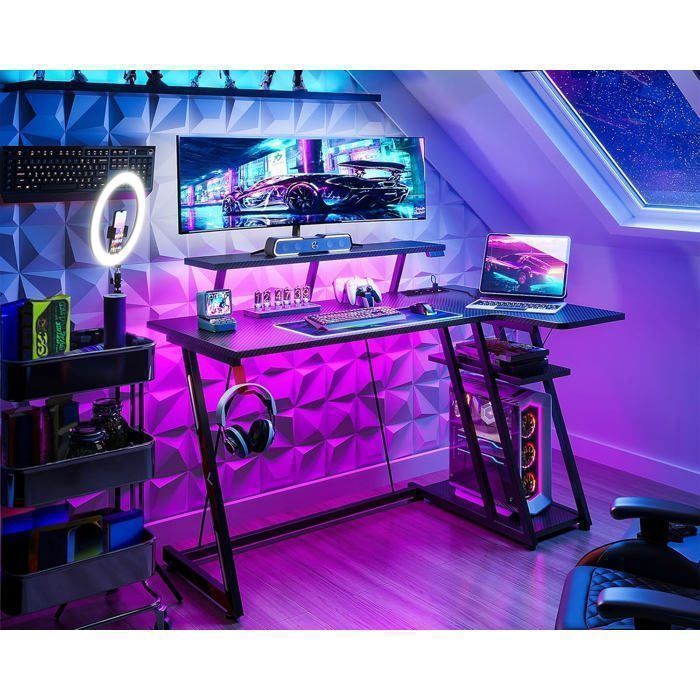 Bureau en forme de L avec supports et éclairage LED, bureau d'angle de 120 cm avec support pour moniteur, étagères et sac de rangement, bureau d'ordinateur de jeu 1503 Bureau en forme de L avec supports et éclairage LED, bureau d'angle de 120 cm avec support pour moniteur, étagères et sac de rangement, bureau d'ordinateur de jeu 1503
