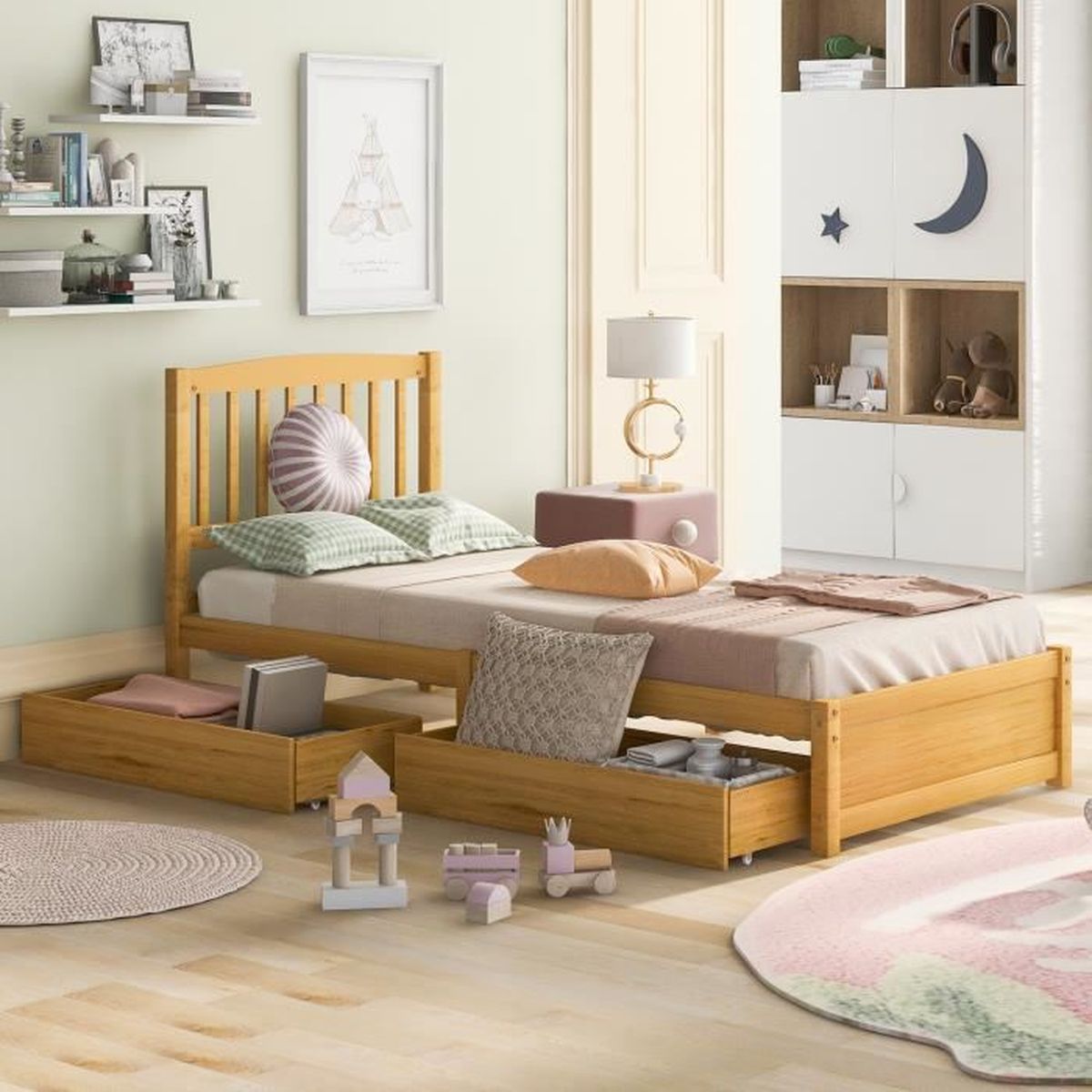 Lit De Sol Enfant 140x200 Cm Avec Clôture Et Porte - Cadre En Pin - Sans Sommier Ni Matelas - Pour Chambre Fille Ou Garçon