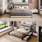 Lit adulte 160x200 cm - DANS LES NUAGES - Tissu en lin gris - LED - 4 tiroirs - USB et Type C