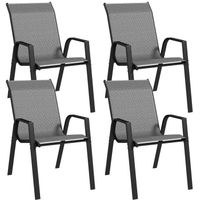 Lot de 4 chaises de jardin empilables - accoudoirs - design - acier époxy noir résine tressée grise