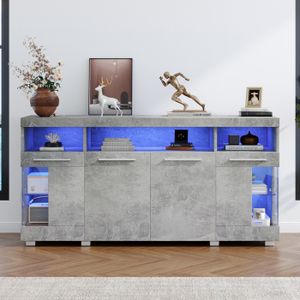 Buffet bahut, meuble de rangement avec lumière LED 16 couleurs, buffet bas de salon bahut moderne 4 portes, 140x40x70cm, gris