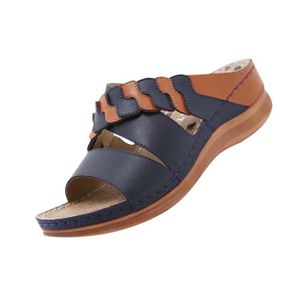 CHAUSSON - PANTOUFLE Chaussures décontractées à plateforme romaine pour femmes, chaussures de plage semelle compensée assortie aux couleurs Bleu foncé