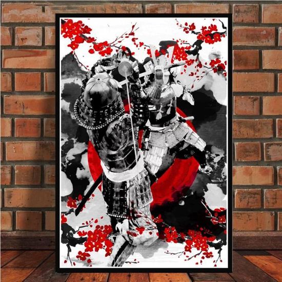 Tableau Sur Toile - Scène De Bataille De Samouraïs Japonais - Format 50x70 Cm - Neuf