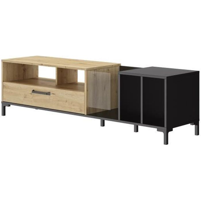 meuble tv vinyles - diagone - pyla - décor chêne et noir - industriel - loft - l 198 x h 51 x p 45 cm