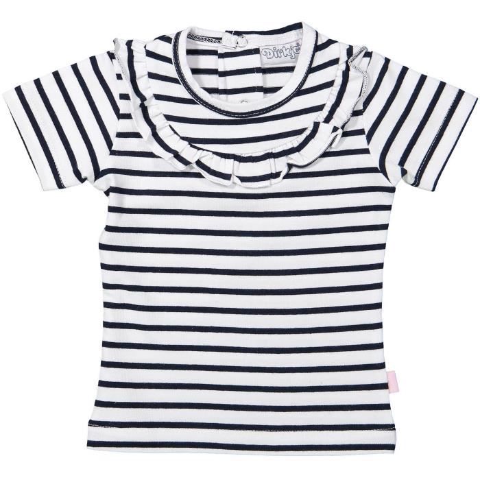 DIRKJE T-Shirt Blanc Rayé Blanc et Bleu Marine Bébé Fille