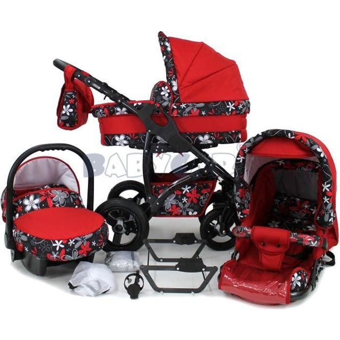 Rouge et fleurs TWING Poussette Trio 3 en 1 Combinée Landau avec siège auto, ROUES PIVOTANTES