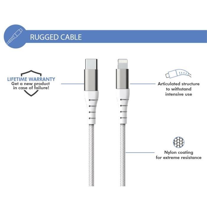 Câble UltraRenforcé FORCE POWER C/MFI 3A 1,2m Blanc