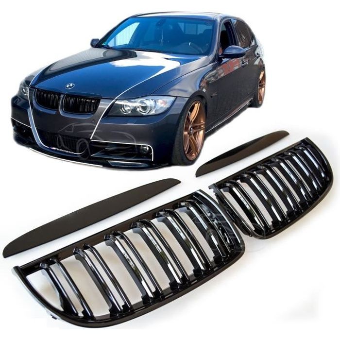 2 GRILLE DE CALANDRE NOIR BRILLANT DOUBLE LAME + GRILLE DE CAPOT BMW SERIE 3 E90 E91 PHASE 1