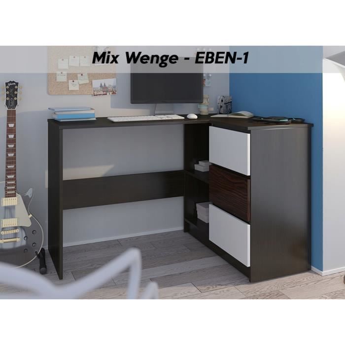 REX W - Bureau d'angle + rangements + 3 tiroirs - 112x87x76 - Table d'ordinateur - Table de travail - Wengé-Blanc-Ebène