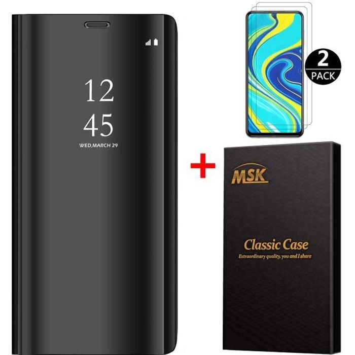 Coque Xiaomi Redmi Note 9S + [2 Pack] Verre trempé, Miroir Case Avec Stand Flip Protection Pour Xiaomi Redmi Note 9S - Noir