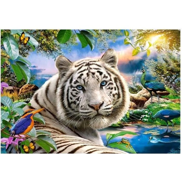 Puzzle Adulte Paysage Paradisiaque Avec Tigre Blanc Du Bengale 1500 Pieces - Puzzle Animaux Sauvages - Paon Et Oiseaux