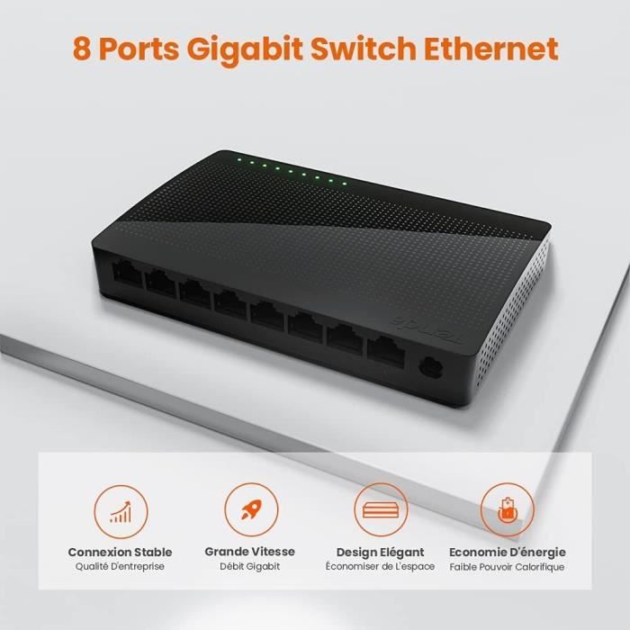 Switch Gigabit 8 Ports RJ45, Switch Ethernet 10/100/1000 Mbps, Tenda SG108 - Auto MDI/MDIX, Plug&Play, Plastique,pour maison/Bureau