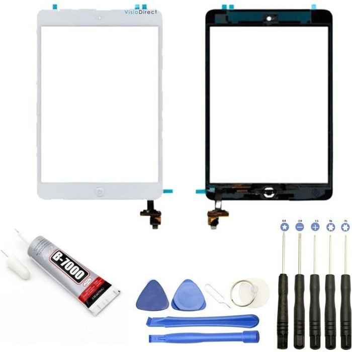 Visiodirect® Vitre écran tactile compatible avec iPad Mini 1 - 2 avec IC et Bouton BLANC+ Kit outils + Colle B7000 Offerte