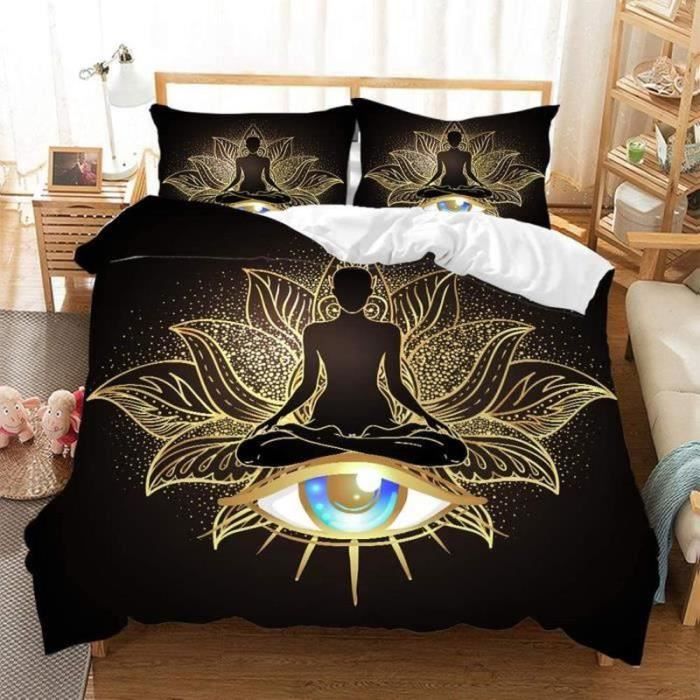 FLY32635-Oriental Bouddha Statue Housse de Couette Bouddhisme Culture Zen Créatif Noir d'or imprimée Parure de lit Convient 220x24