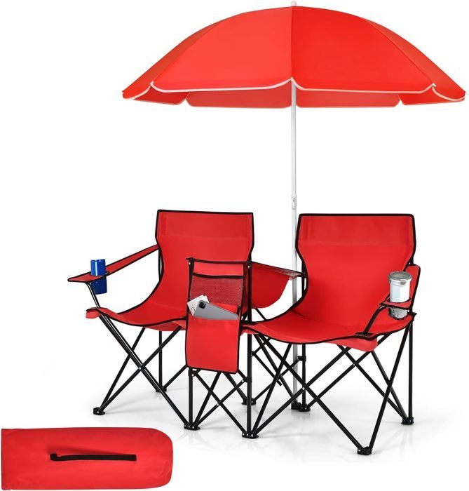 giantex 2 chaises de camping pliantes avec parasol- avec porte-gobelet et poche isotherme- fauteuil de jardin portable- rouge