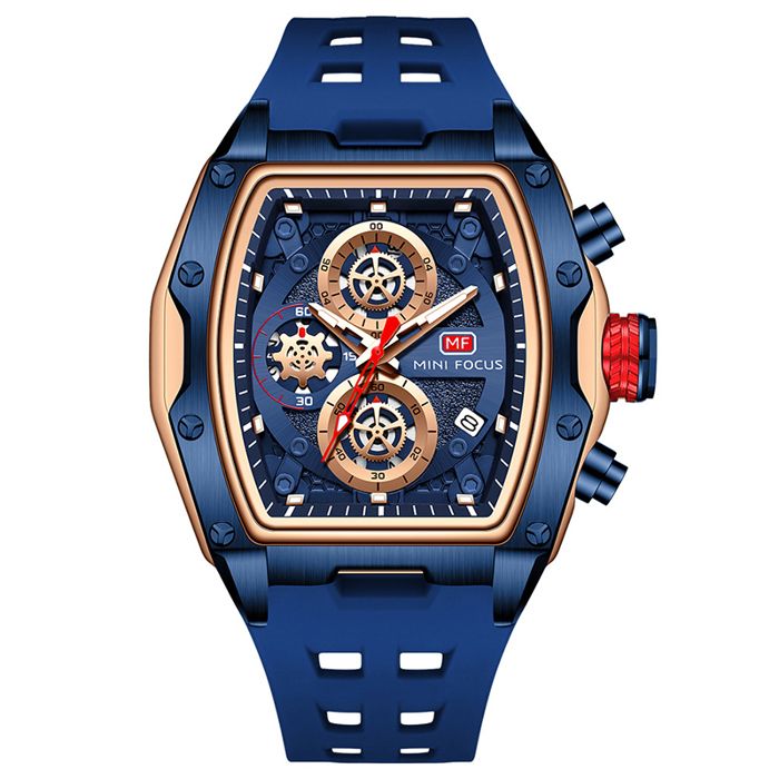 SHARPHY Montre homme de marque de luxe cadran en forme de tonneau chronographe calendrier à affichage bracelet en silicone bleu