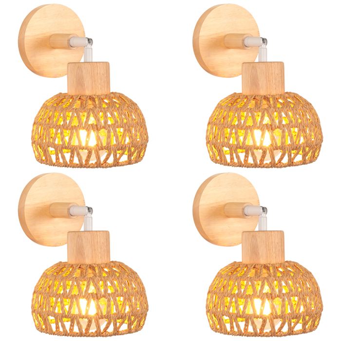 IDEGU 4x Rétro Lampe Murale Vintage Applique Murale en Rotin et Bois Ajustable Plafonnier Style-D Rotin Brun pour Chambre Salon