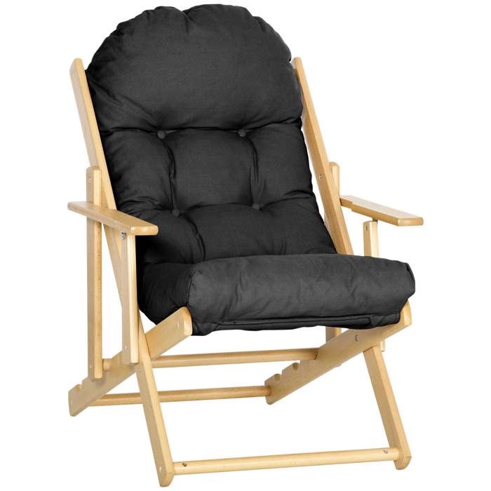 Fauteuil relax - HOMCOM - pliable et inclinable - coussin capitonné épais - bois dhévéa - 71x89x96cm - noir