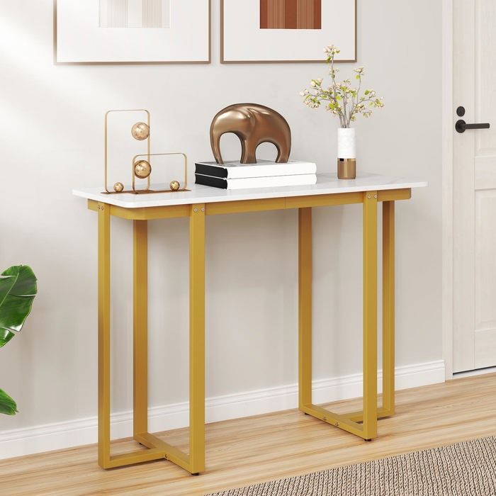 COSTWAY Consoletafel, entreetafel, smalle marmerlook, salontafel met geometrisch metalen frame, bijzettafel goud wit, 110 x 30 x 80 cm, voor woonkamer, hal, entree