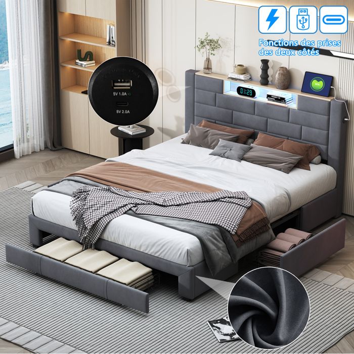 Cadre de lit coffre 160x200 cm avec sommier relevable ELIOTT pas cher