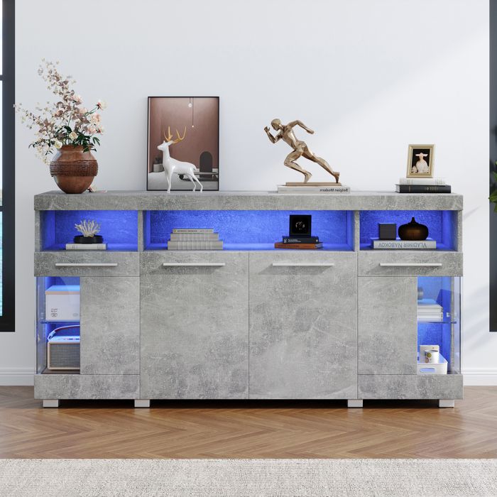 Buffet bahut meuble de rangement avec lumière LED 16 couleurs buffet bas de salon bahut moderne 4 portes 140x40x70cm gris