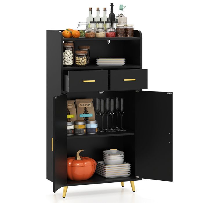 GIANTEX Buffet de Cuisine avec Compartiment Ouvert 2 Tiroirs et Armoire avec Étagères Réglables 60 x 30 x 113 cm Noir