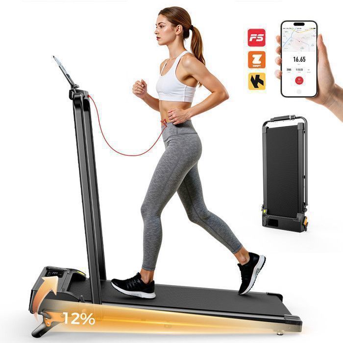 Tapis de Course électrique pliable3 niveaux Pente réglable manuellement 12%Vitesse 1-12 km/hMoteur 2.5HPapplication Bluetooth